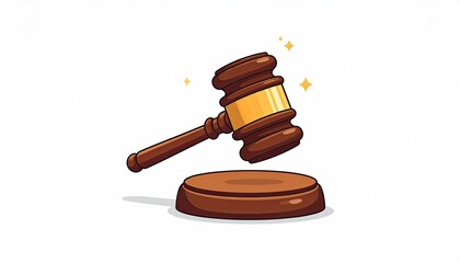 A stylized gavel with a golden band rests on a wooden block, small sparkles surround it, set against a plain white background