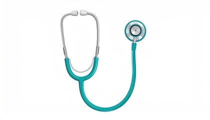 A teal stethoscope with silver accents is displayed against a stark white background, showcasing its medical instrument design