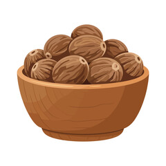 A wooden bowl full of nutmeg seeds.