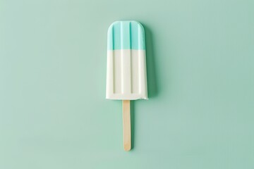 A vertically oriented close-up shot of a pale-blue and white popsicle on a light-green background.  The popsicle has slightly melted