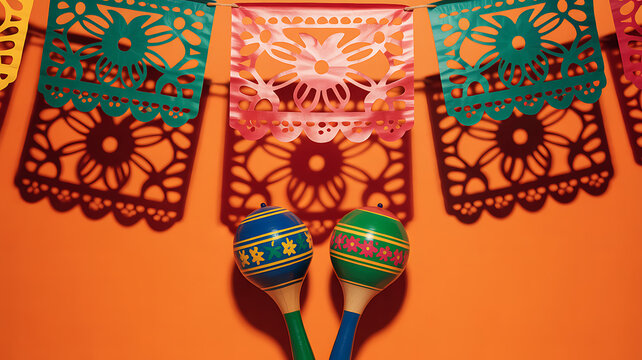 Colorful papel picado banners and maracas against an orange background