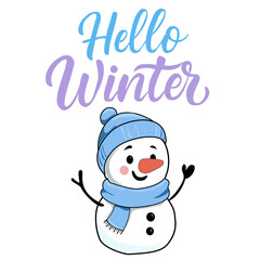 Adorable snowman illustration wearing a blue hat and scarf with “Hello Winter” text in colorful script on a white background. Perfect for holiday cards, decor, and seasonal designs