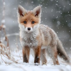 Obraz premium Appealing little fox cub in the snow 