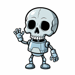 Cartoon Robot Skeleton Waving with Cracked Skull and Metallic Body.