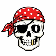 Cartoon Pirate Skull with Red Polka Dot Bandana and Gold Tooth.
