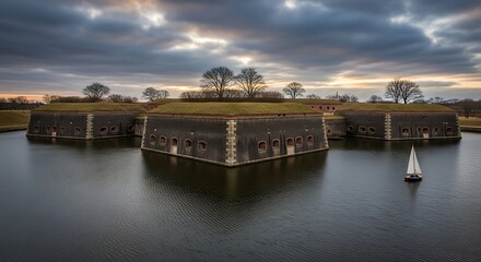Ancient Fortress Reflecting in Calm Water at Dawn.
