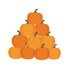 A pyramid stack of ten bright orange pumpkins, a classic symbol of autumn and Halloween, isolated on a white background.