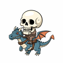 Cartoon Skeleton Rider Astride a Blue Dragon with Orange Wings.