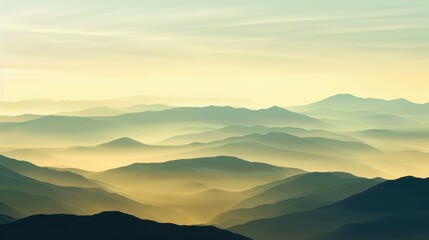 Obraz premium Mountain Sunrise/Sunset Landscapes: Misty Valleys, Blue Skies & Forest Hill Silhouettes