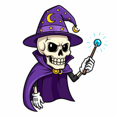 Cartoon Skeleton Wizard Casting a Spell with a Starry Hat and Purple Robe.