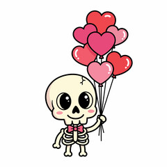 Cartoon Skeleton with Pink Bowtie Holding Heart Balloons for Valentines Day.