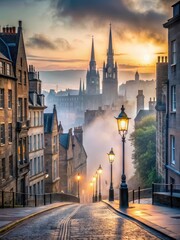 Fototapeta premium Foggy streets of Edinburgh at dawn with misty morning light filtering through the castle spires