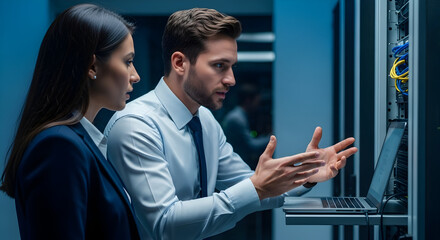 Tech Professionals Collaborating on Data Center Project Server Room IT Specialists Network Administration Problem Solving Teamwork Business Technology