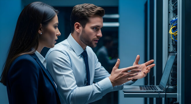 Tech Professionals Collaborating on Data Center Project Server Room IT Specialists Network Administration Problem Solving Teamwork Business Technology