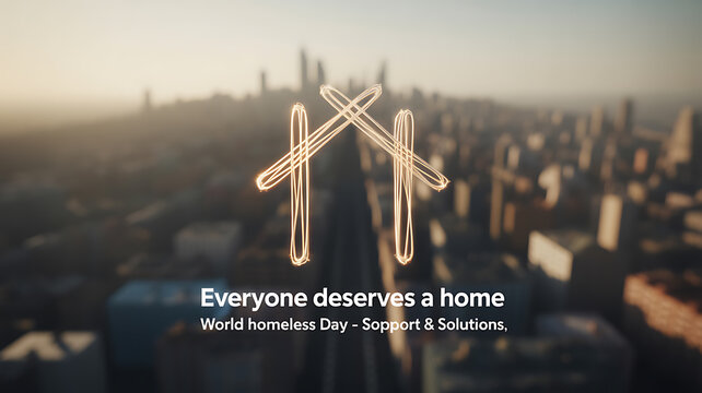 A glowing outline of a house symbol over a cityscape with text promoting World Homeless Day and housing rights.