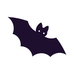 A simple, dark purple silhouette of a bat with glowing white eyes, isolated on a white background.