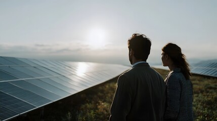 Fototapeta premium Two professionals observe a vast solar panel field at sunrise symbolizing clean energy investment and future growth