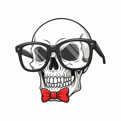 Cartoon Skull with Black Framed Glasses and a Red Bow Tie Illustration.