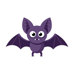 Cute cartoon purple bat with large eyes and fangs, flying with outstretched wings on a white background.
