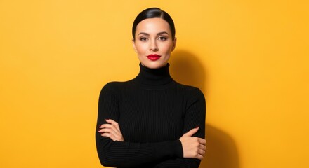 Woman in black turtleneck and red lipstick against yellow background