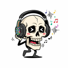 Cartoon Skull with Headphones Listening to Music Expressing Joy and Movement.