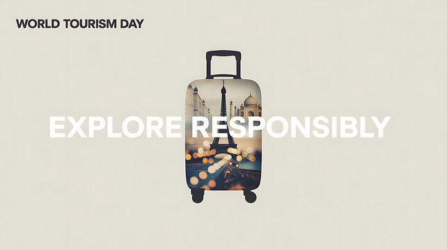 World Tourism Day promotional graphic featuring a suitcase with an Eiffel Tower image and the message 'Explore Responsibly'