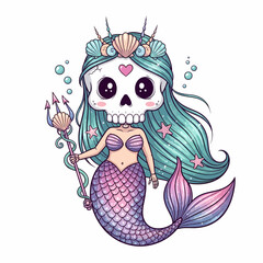 Kawaii Mermaid Skeleton with Seashell Crown and Trident Pastel Colors.