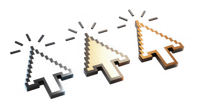 Three pixelated computer mouse cursors isolated on transparent background