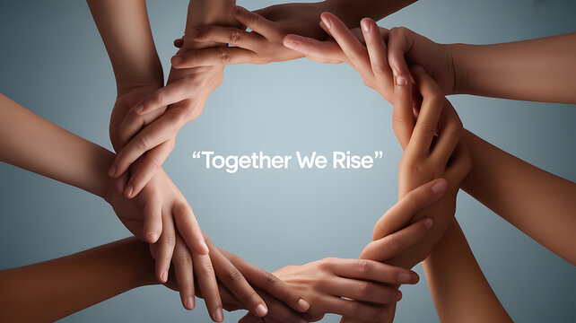 Multiple hands forming a circle, symbolizing unity and collaboration with the text 'Together We Rise'