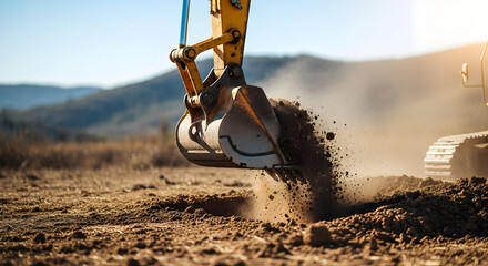 Heavy machinery excavator digging earth ground construction site industry project development earthworks land clearing heavy equipment powerful machine industrial machinery construction worker