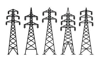 High voltage power line transmission towers silhouettes on transparent background electricity pylon collection