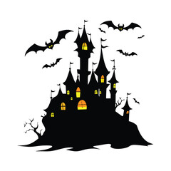 Spooky Halloween haunted castle silhouette with bats flying over a dark night sky
