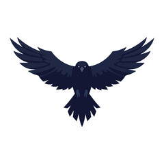 A dark, stylized illustration of a black crow with its wings spread wide in flight against a white background.