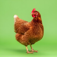 Fototapeta premium A brown hen stands proudly against a vibrant green background