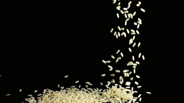 4K slow motion of raw rice grains falling on black background, symbolizing food production, agriculture, harvest, and nutrition. Perfect macro footage for culinary, cooking, and farming themes