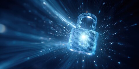 The digital lock symbolizing data security in a futuristic environment.