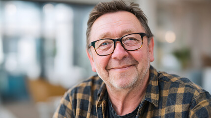 Obraz premium Mature man with glasses smiling warmly in a modern indoor setting with soft lighting