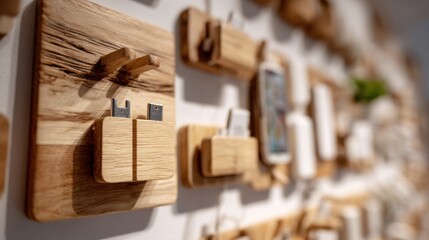 Ecofriendly phone chargers displayed clearly on a wall rack emphasizing natural materials and minimalist design while the rest of the scene remains out of focus.