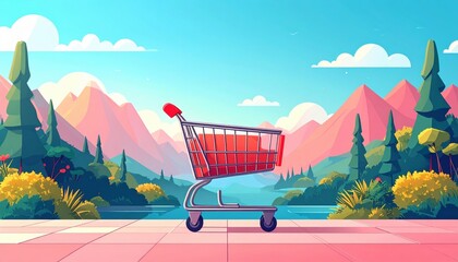 Pixel Art Shopping Cart in Scenic Landscape