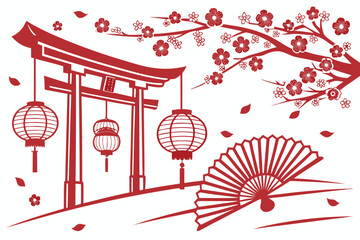 Seamless shinto matsuri festival background with traditional torii gates and japanese cultural elements for festive designs