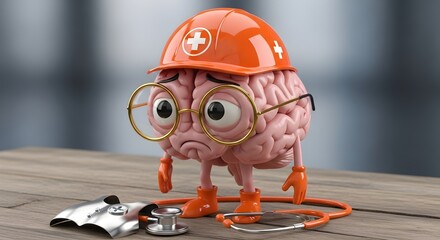 A cartoon brain character wearing a hard hat, glasses, and boots, with a stethoscope and medical equipment nearby, on a wooden surface.
