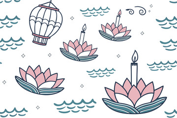 Seamless thai loy krathong festival pattern featuring floating lotus flowers and traditional elements for festive decorations and asian themed designs
