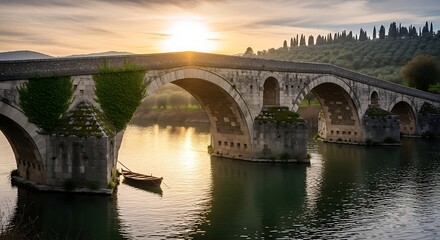 Obraz premium Ancient Stone Bridge at Sunset over Calm River.