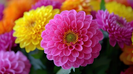 Vintage floral wallpaper with peonies, chrysanthemums and dahlias, close - up of pastel blooms
