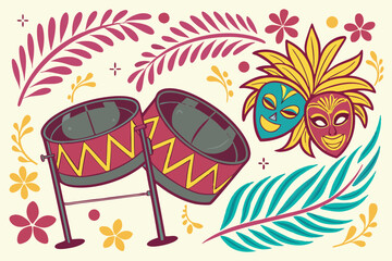 Vibrant caribbean festival background featuring steel drums and tropical elements for festive celebrations and events