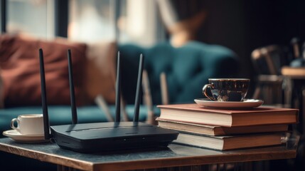 Modern Workspace Setup with Router, Books, and Coffee in Cafe