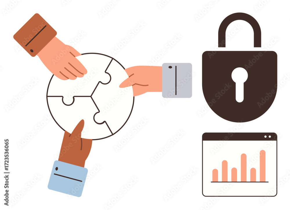 Poster hands assembling puzzle pieces symbolizing teamwork and unity, next to a padlock for security and a 