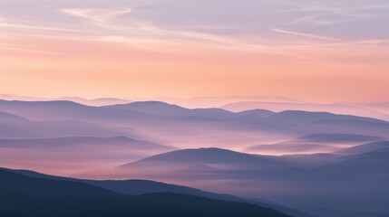 Fototapeta premium Mountain Sunrise/Sunset Landscapes: Misty Valleys, Blue Skies & Forest Hill Silhouettes