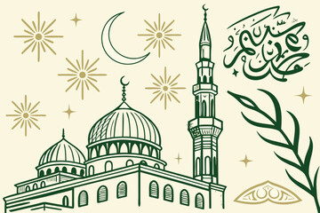 Elegant seamless islamic pattern featuring mosque domes and architectural elements in a repeating design suitable for festive occasions and cultural projects