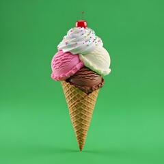 Triple scoop ice cream cone with cherry on top against green background